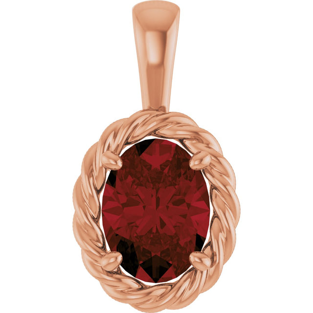 14K Gold Oval Natural Mozambique Garnet Rope Solitaire Pendant - Rose Gold