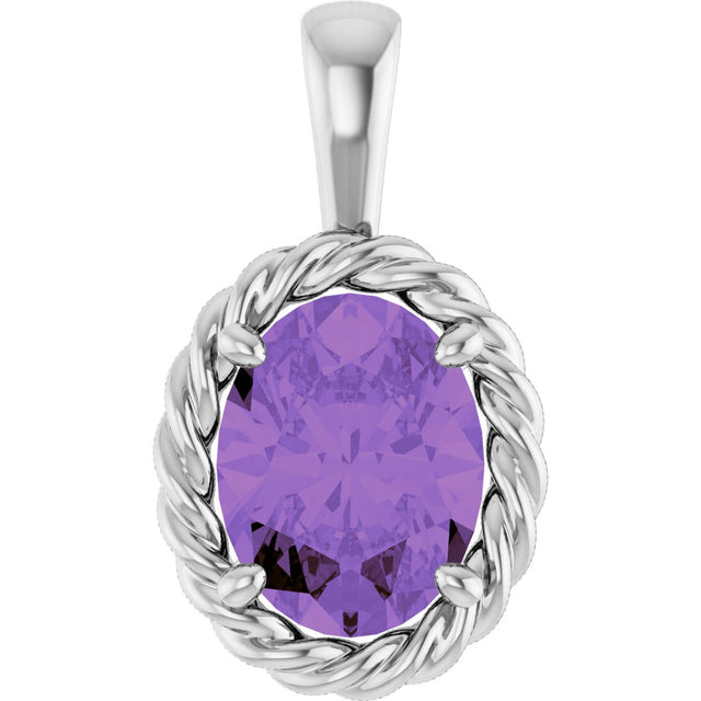 14K Gold Oval Natural Amethyst Rope Solitaire Pendant