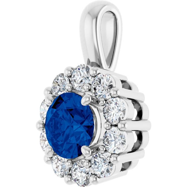 Platinum Round Lab-Grown Blue Sapphire Halo-Style Pendant - view 8