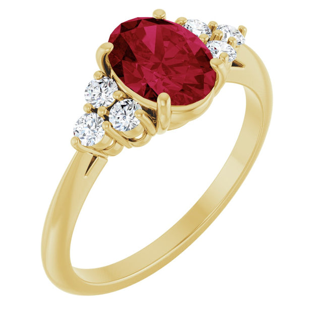 14K Gold Oval Lab-Grown Ruby & Natural Diamond Accented Ring - Yellow Gold