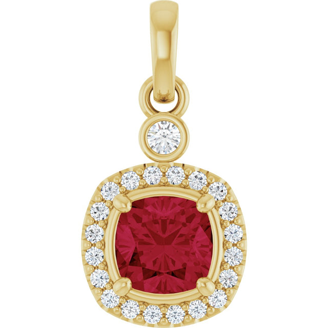 14K Gold Cushion Lab-Grown Ruby & Natural Diamond Halo-Style Pendant