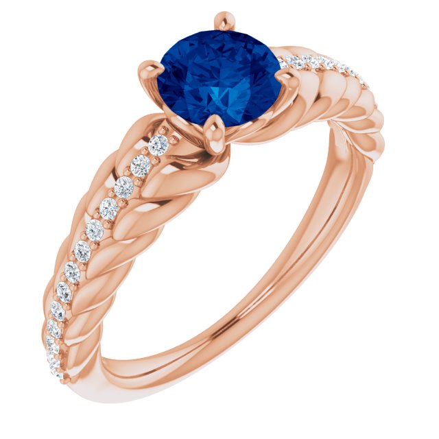 14K Gold Round Natural Blue Sapphire & Natural Diamond Accented Rope Ring - Rose Gold