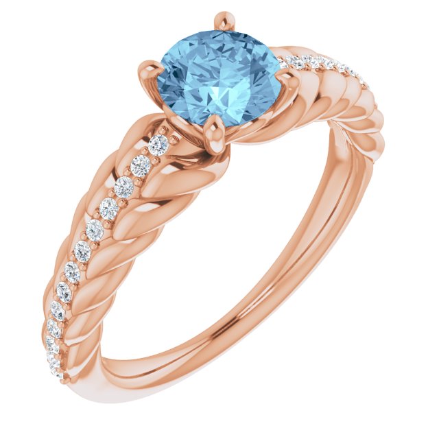 14K Gold Round Natural Aquamarine & Natural Diamond Accented Rope Ring - Rose Gold