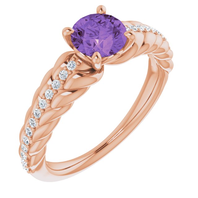 14K Gold Round Natural Amethyst & Natural Diamond Accented Rope Ring - Rose Gold