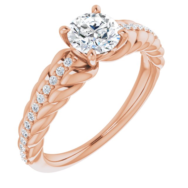 14K Gold Round Natural White Sapphire & Natural Diamond Accented Rope Ring - Rose Gold