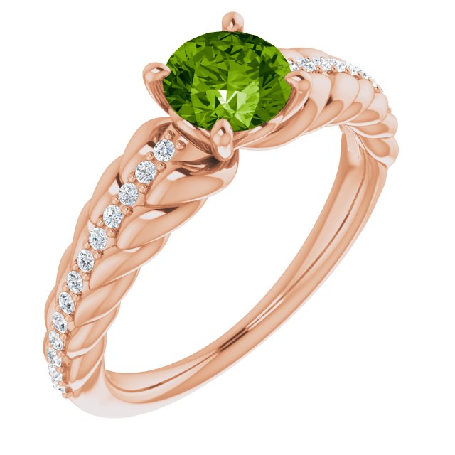 14K Gold Round Natural Peridot & Natural Diamond Accented Rope Ring - Rose Gold