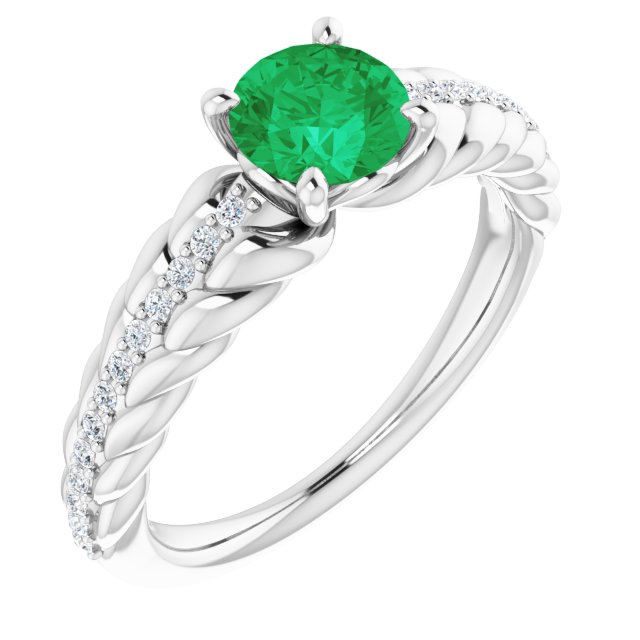 Platinum Round Natural Emerald & Natural Diamond Accented Rope Ring