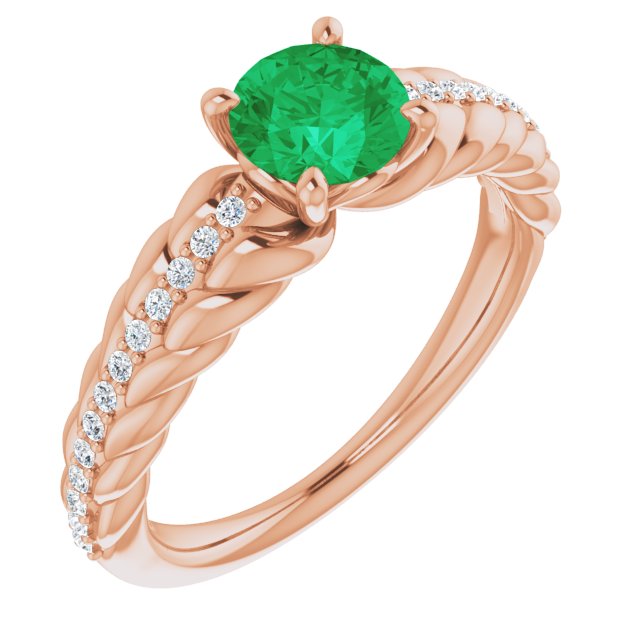 14K Gold Round Natural Emerald & Natural Diamond Accented Rope Ring - Rose Gold
