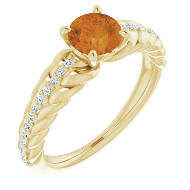 14K Gold Round Natural Citrine & Natural Diamond Accented Rope Ring - Yellow Gold