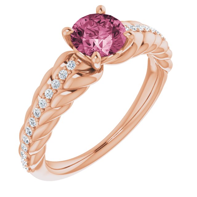 14K Gold Round Natural Pink Tourmaline & Natural Diamond Accented Rope Ring - Rose Gold