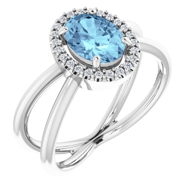 Platinum Oval Natural Aquamarine & Natural Diamond Halo-Style Ring – 8x6mm