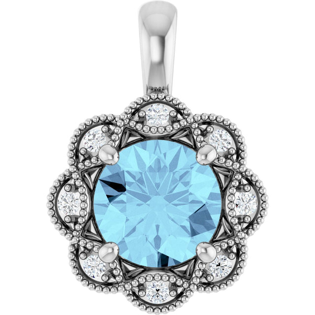 14K Gold Round Natural Aquamarine & Natural Diamond Halo-Style Pendant