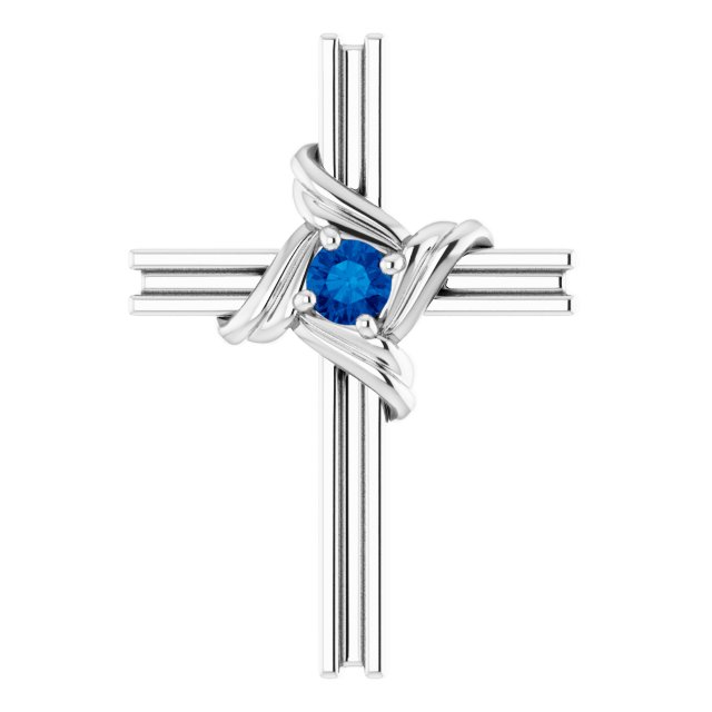 Platinum Round Natural Blue Sapphire Accented Cross Pendant