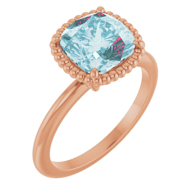 14K Gold Cushion Natural Sky Blue Topaz Beaded Solitaire Ring - Rose Gold