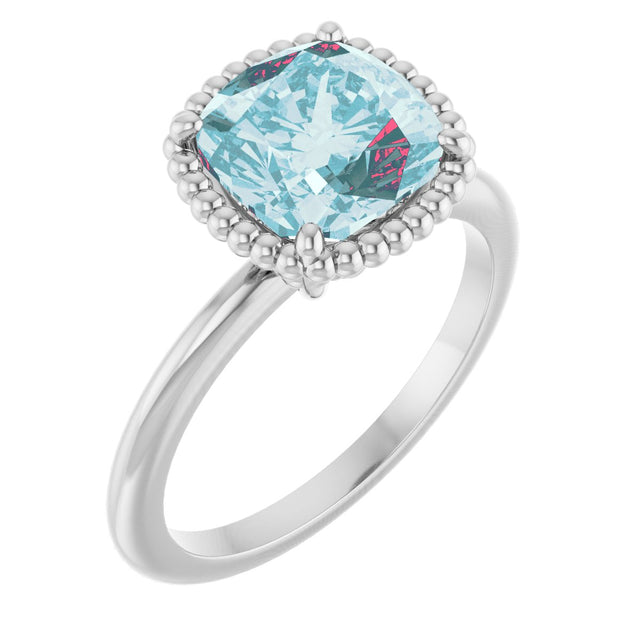 Platinum Cushion Natural Sky Blue Topaz Beaded Solitaire Ring