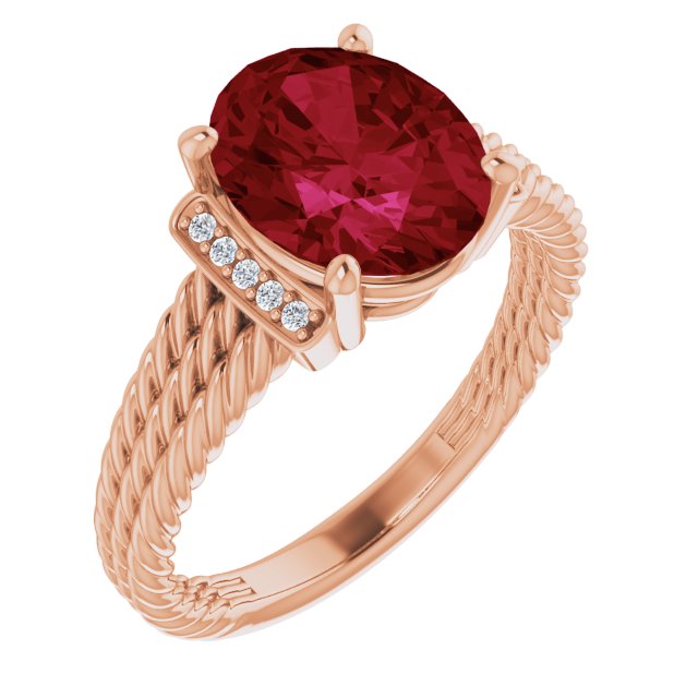 14K Gold Oval Lab-Grown Ruby & Natural Diamond Accented Ring – 10x8mm - Rose Gold