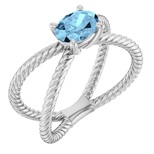 14K Gold Oval Natural Aquamarine Solitaire Criss-Cross Rope Ring - White Gold