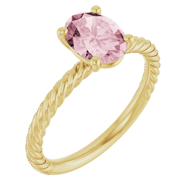 14K Gold Oval Natural Pink Morganite Rope Solitaire Ring - Yellow Gold