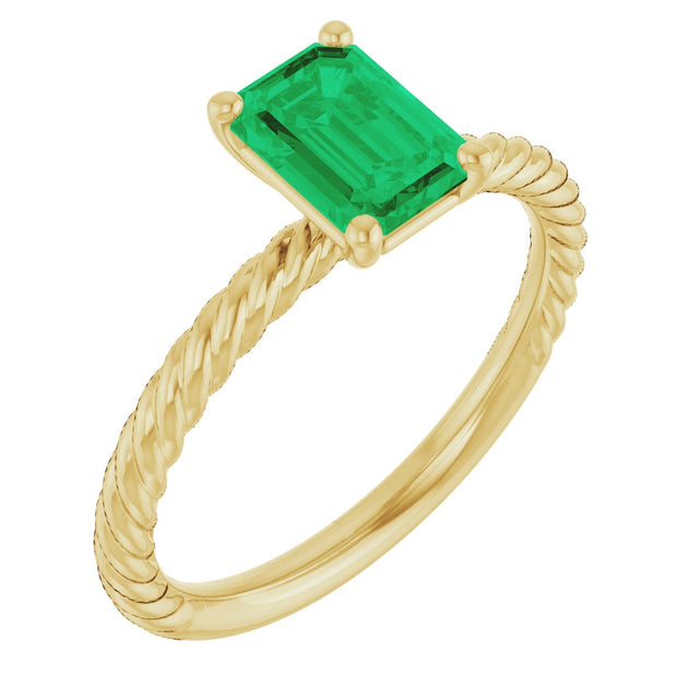 14K Gold Emerald Lab-Grown Emerald Rope Solitaire Ring - Yellow Gold