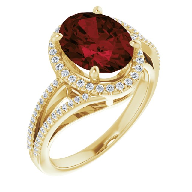 14K Gold Oval Natural Mozambique Garnet & Natural Diamond Halo-Style Ring – 10mm Stones - Yellow Gold