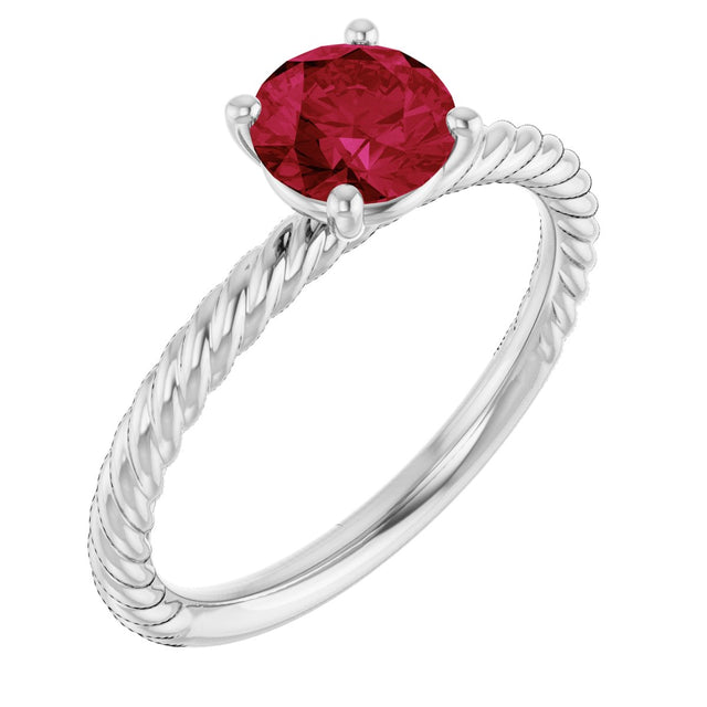 14K Gold Round Lab-Grown Ruby Rope Solitaire Ring – 6mm Stones - White Gold