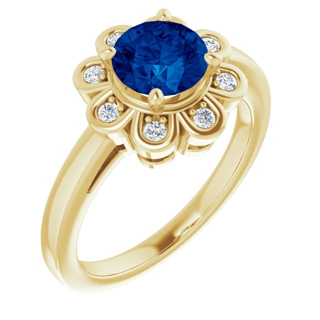 14K Gold Round Lab-Grown Blue Sapphire & Natural Diamond Halo-Style Ring – 6.5mm Stones - Yellow Gold