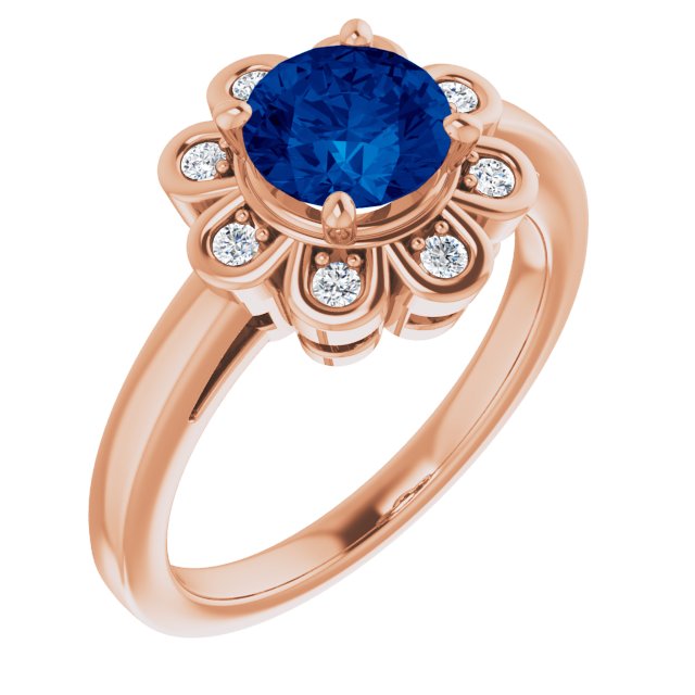 14K Gold Round Lab-Grown Blue Sapphire & Natural Diamond Halo-Style Ring – 6.5mm Stones - Rose Gold