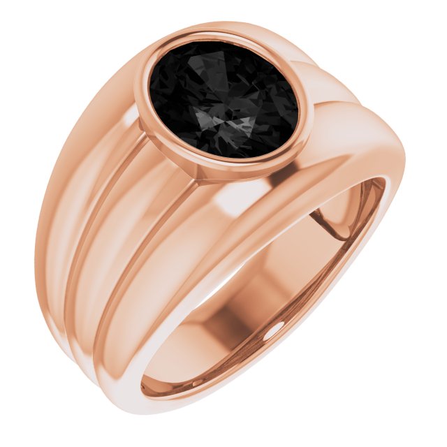 14K Gold Oval Natural Black Onyx Grooved Bezel-Set Ring - Rose Gold