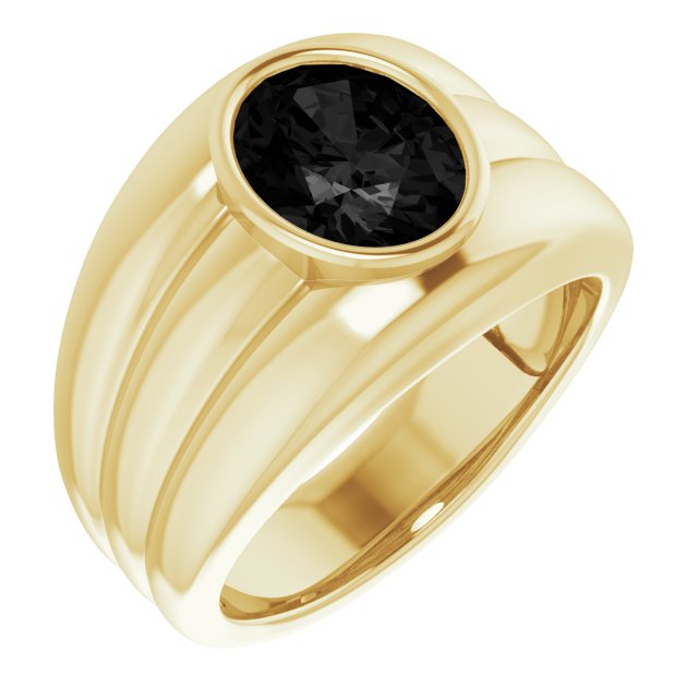14K Gold Oval Natural Black Onyx Grooved Bezel-Set Ring - Yellow Gold
