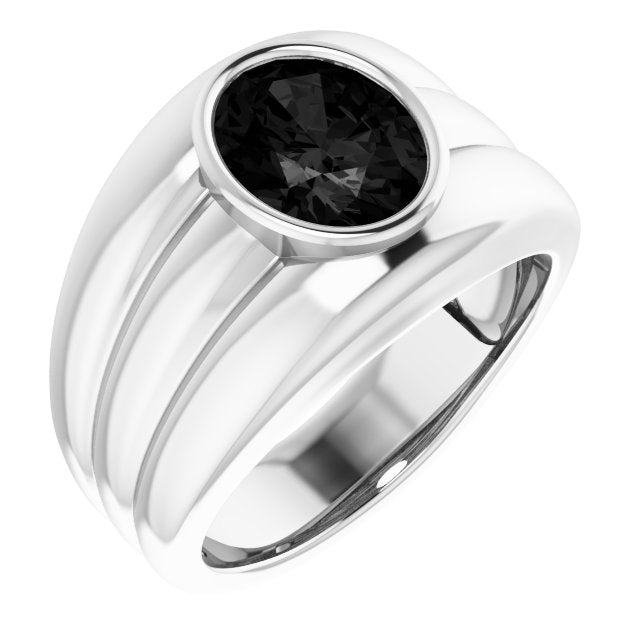 14K Gold Oval Natural Black Onyx Grooved Bezel-Set Ring - White Gold