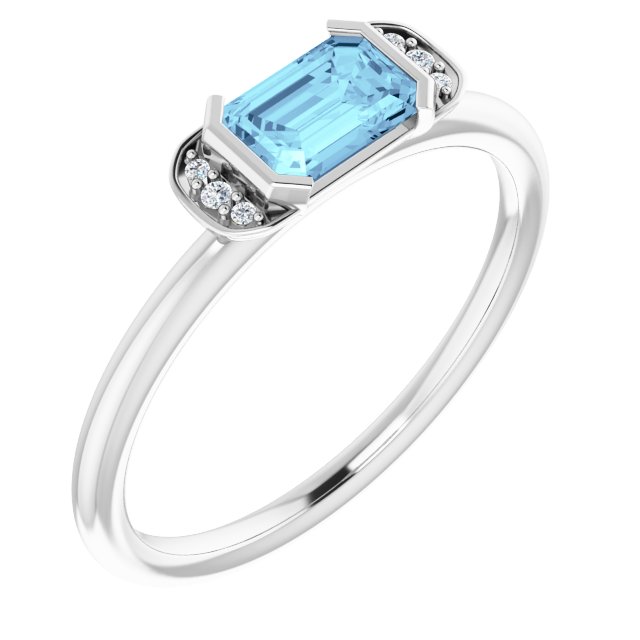 14K Gold Emerald Natural Aquamarine & Natural Diamond Stackable Ring - White Gold