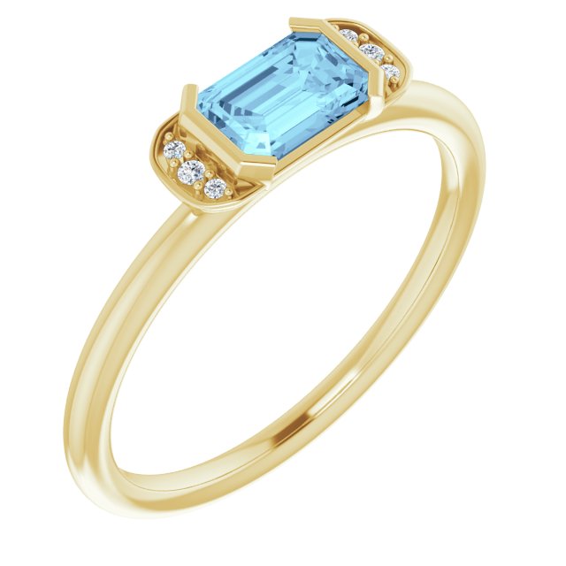14K Gold Emerald Natural Aquamarine & Natural Diamond Stackable Ring - Yellow Gold