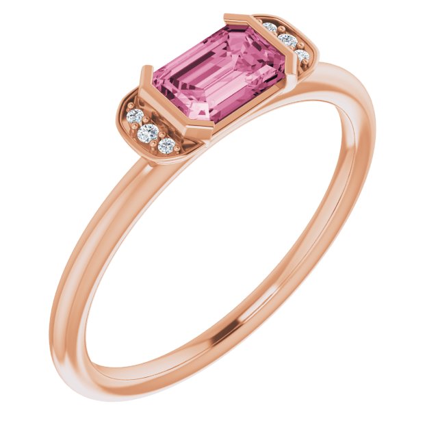 14K Gold Emerald Natural Pink Tourmaline & Natural Diamond Stackable Ring - Rose Gold