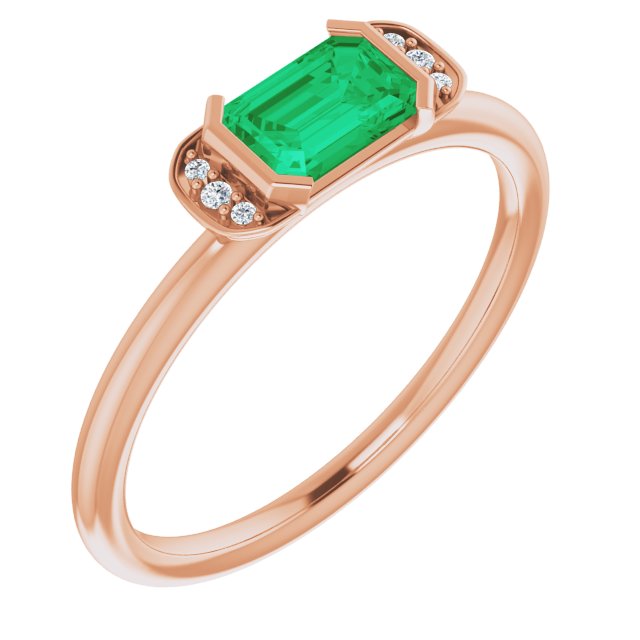 14K Gold Emerald Lab-Grown Emerald & Natural Diamond Stackable Ring - Rose Gold