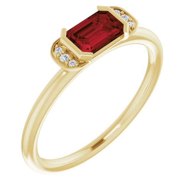 14K Gold Emerald Natural Mozambique Garnet & Natural Diamond Stackable Ring - Yellow Gold