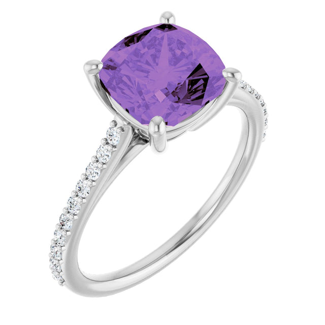 14K Gold Cushion Natural Amethyst & Natural Diamond Accented Cathedral-Style Ring - White Gold