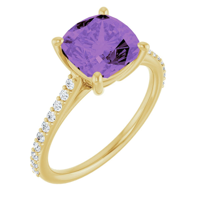 14K Gold Cushion Natural Amethyst & Natural Diamond Accented Cathedral-Style Ring - Yellow Gold