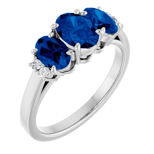 Platinum Oval Lab-Grown Blue Sapphire & Natural Diamond Three-Stone Ring