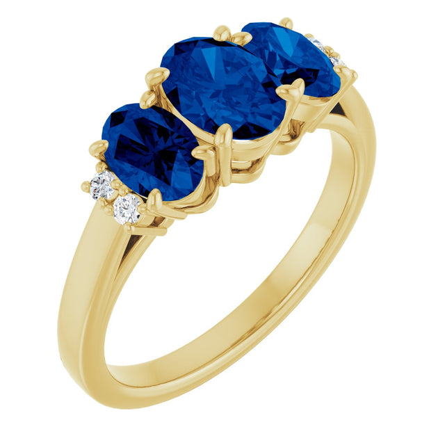 14K Gold Oval Lab-Grown Blue Sapphire & Natural Diamond Three-Stone Ring - Yellow Gold