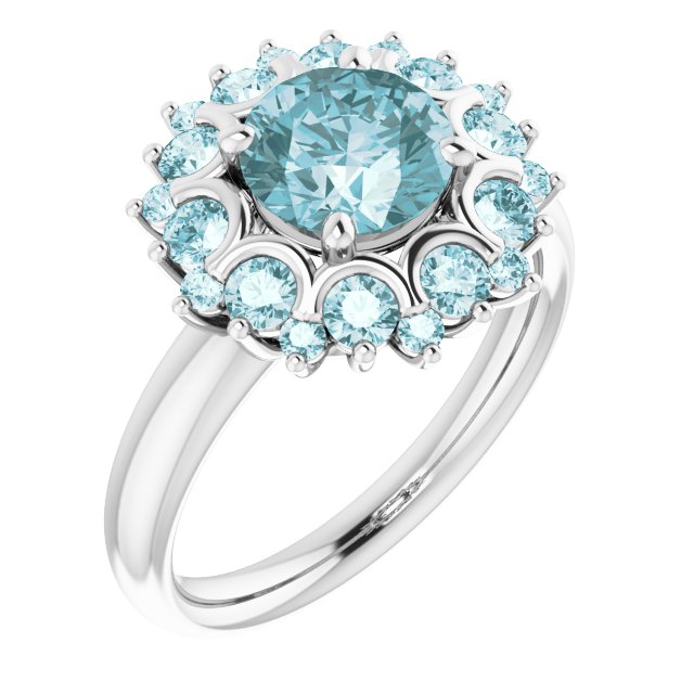 14K Gold Round Natural Sky Blue Topaz & Natural Diamond Halo-Style Ring