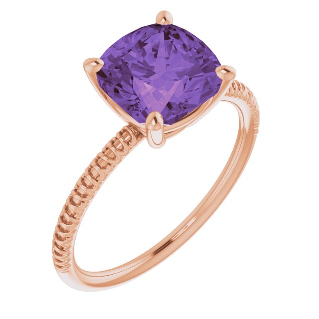 14K Gold Cushion Natural Amethyst Solitaire Ring – 8x8mm - Rose Gold
