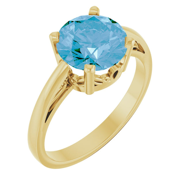 14K Gold Round Natural Swiss Blue Topaz Solitaire Scroll Setting Ring - Yellow Gold