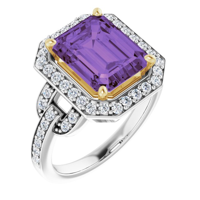14K Gold Emerald Natural Amethyst & Natural Diamond Halo-Style Ring