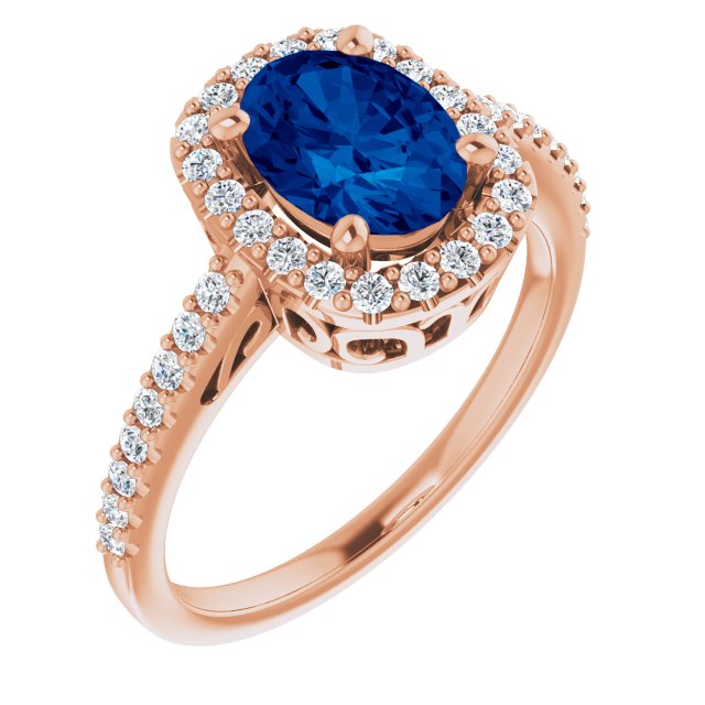 14K Gold Oval Lab-Grown Blue Sapphire & Natural Diamond Halo-Style Ring – 8mm Stones - Rose Gold