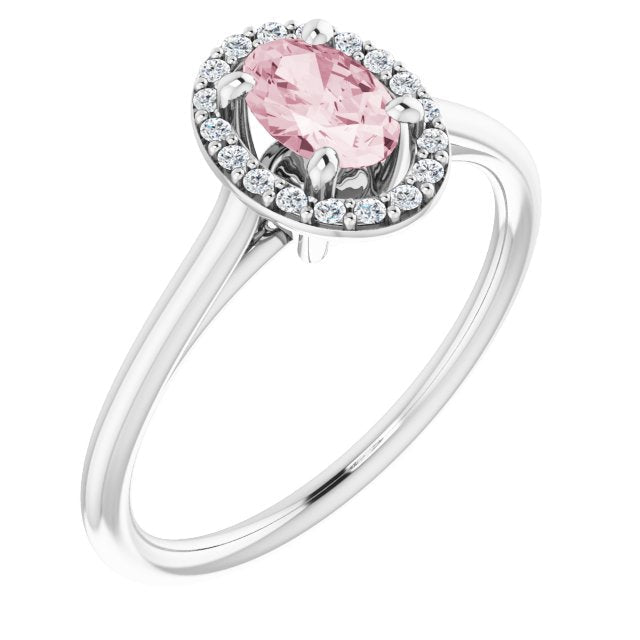 14K Gold Oval Natural Pink Morganite & Natural Diamond Halo-Style Ring – 6x4mm - White Gold