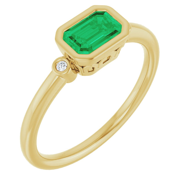 14K Gold Emerald Lab-Grown Emerald & Natural Diamond Bezel-Set Accented Ring - Yellow Gold