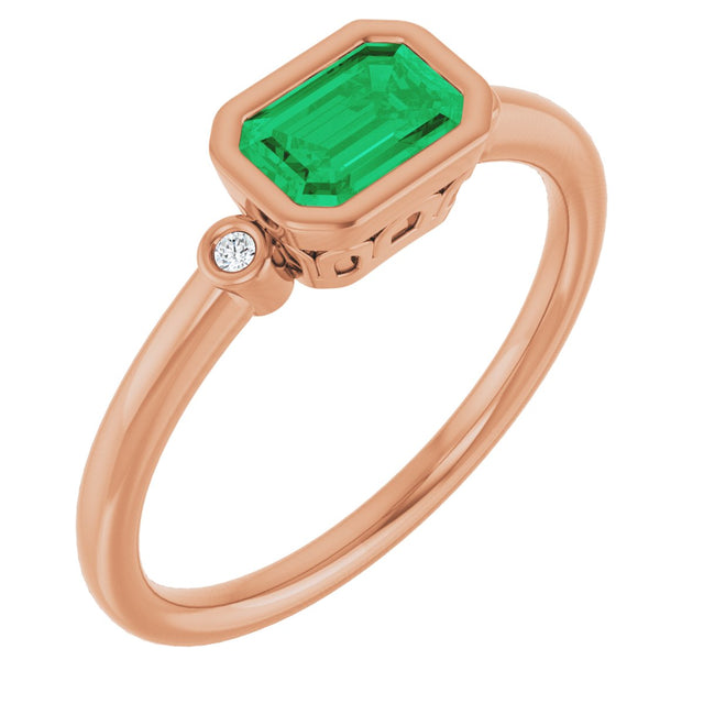 14K Gold Emerald Lab-Grown Emerald & Natural Diamond Bezel-Set Accented Ring - Rose Gold