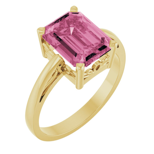 14K Gold Emerald Natural Pink Tourmaline Scroll Setting Solitaire Ring - Yellow Gold