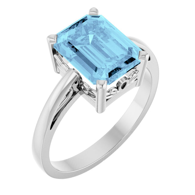 14K Gold Emerald Natural Aquamarine Scroll Setting Solitaire Ring - White Gold