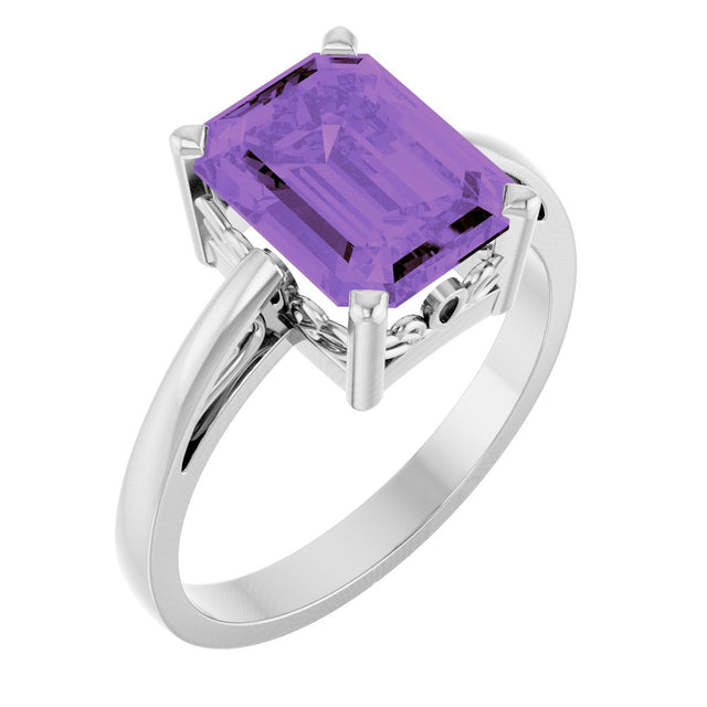 14K Gold Emerald Natural Amethyst Scroll Setting Solitaire Ring - White Gold